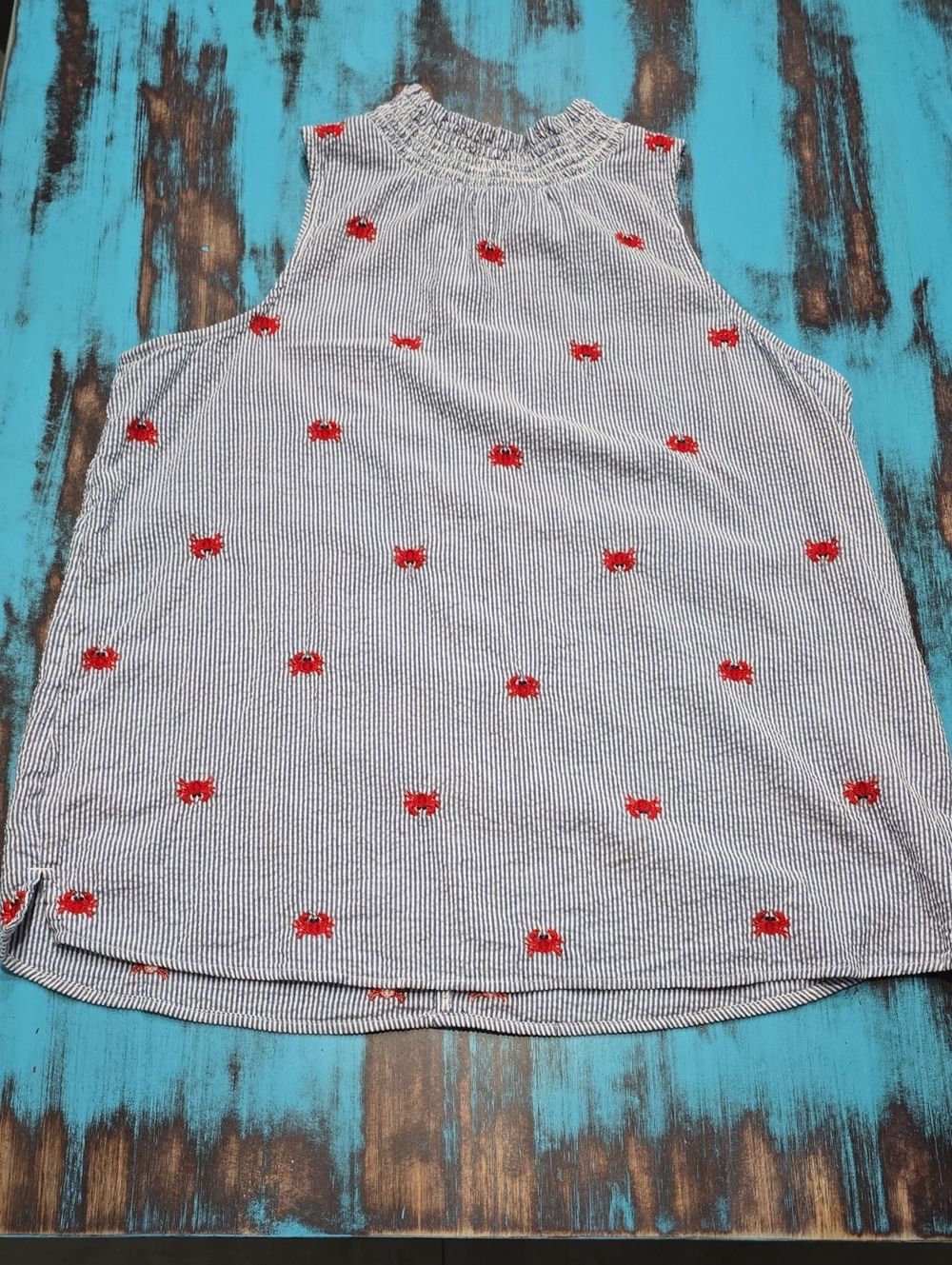 crown & ivy Blue and White Striped Tank with Red Crab Motif